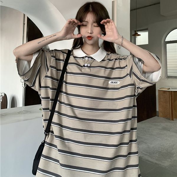 

women's t-shirt harajuku striped polo shirt school short-sleeved t-shirt female casual oversized kawaii striped patchwork t-shirt women, White