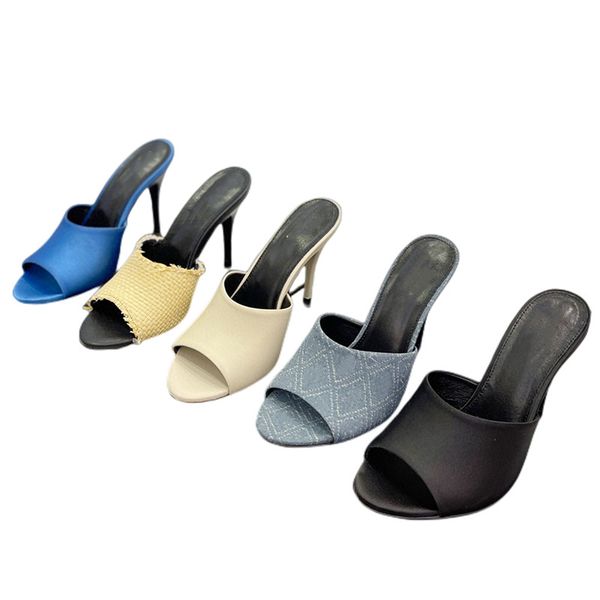 

women's 2023 summer fashion slippers slim high heel leather elegant open toe, Black