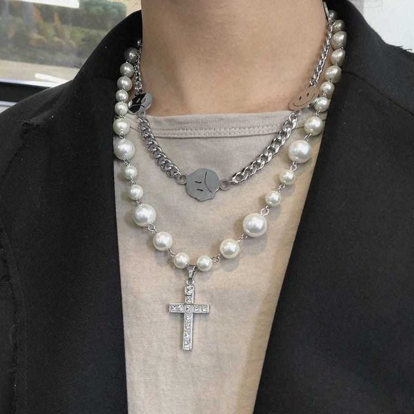 

empress dowager xi necklace hip hop trend alloy cross long pearl necklace simple couple chain yiwu jewelry female, Silver