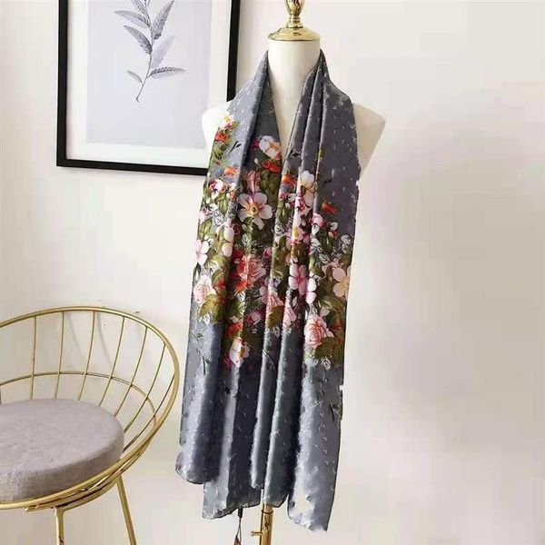 

2021 nice quality classic floral 100% silk scarf for women spring design flower style long scarves scarfs wrap with tag 180x902652, Blue;gray