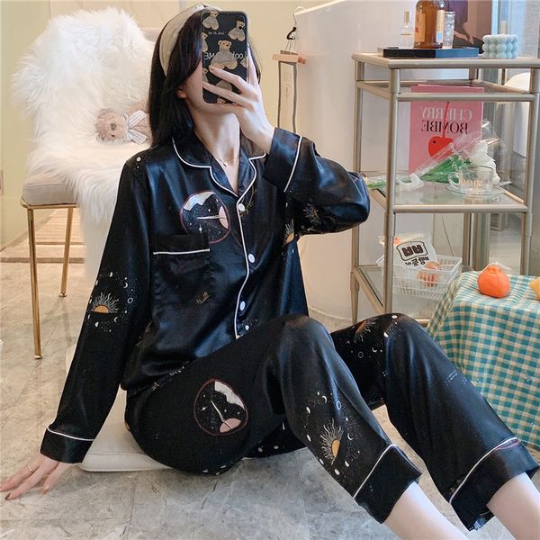 

women's sleepwear autumn winter graphics women's silk pajamas set large size 5xl 6xl 7xl 8xl long sleeve blouse and pants black py, Black;red