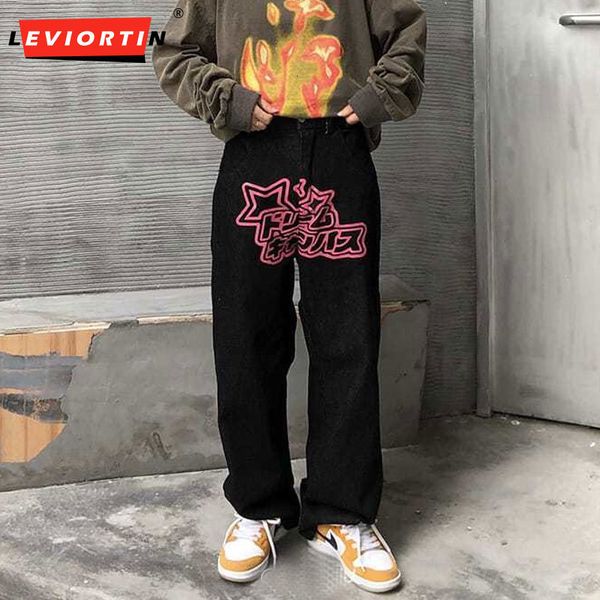 

mens jeans streetwear men jeans love pentagram print punk gothic baggy pants high street loose straight wide leg denim trousers y2k clothes, Blue