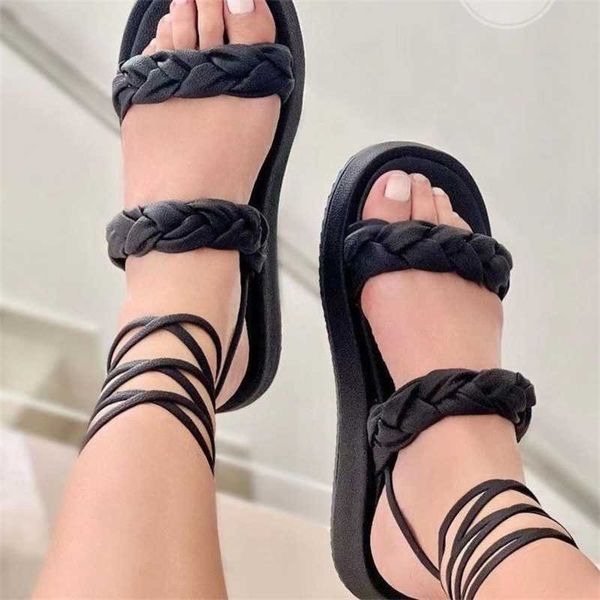 

womens sandals 2023 spring and summer slippers new lace knitted slotted shoes, Black