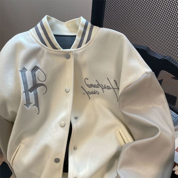 

men s jackets american fried street embroidery baseball uniform men and women ruffian handsome button high sense winter lapel jacket coat 23, Black;brown