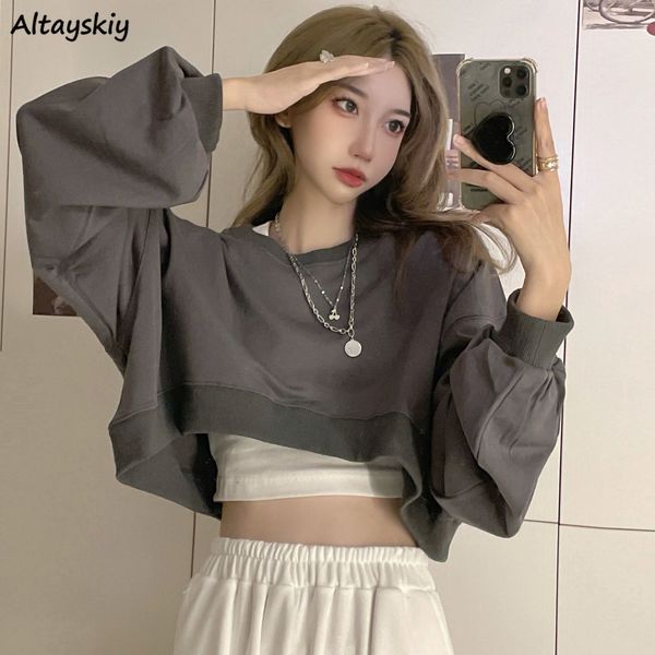 

womens hoodies sweatshirts women solid cropped loose allmatch navel early autumn casual harajuku simple pullover aesthetic clothes mujer 230, Black