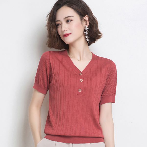 

women's t-shirt fashion ice silk hollow out knitted t-shirt fashion v-neck button short knitwear tee womens krean style short sleeve pu, White