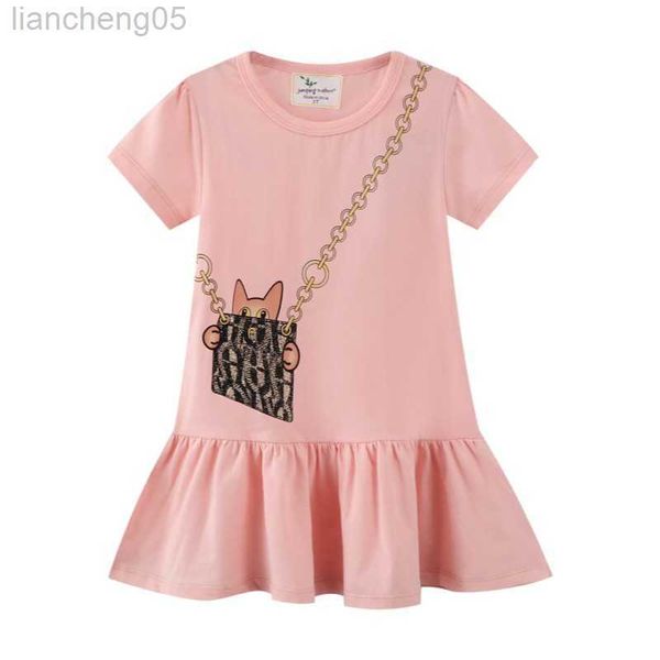 

girl's dresses jumping meters new arrival pink girls dresses bag print selling summer children's clothes short sleeve cute cotton, Red;yellow