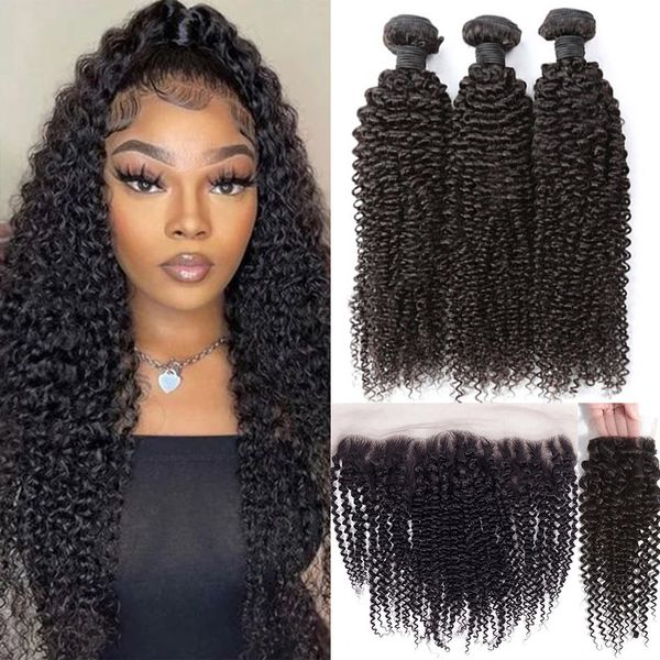 

hair pieces indian kinky curly bundles with closure 13x4 lace frontal human virgin 230314, Black;brown
