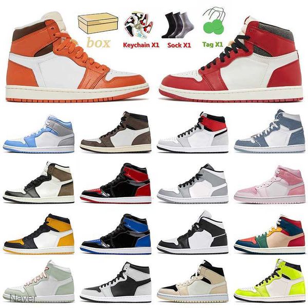 

2023 fashion jumpman 1 basketball shoes starfish 1s high og lost and found denim dark mocha heirloom taxi yellow toe patent bred women mens, Black