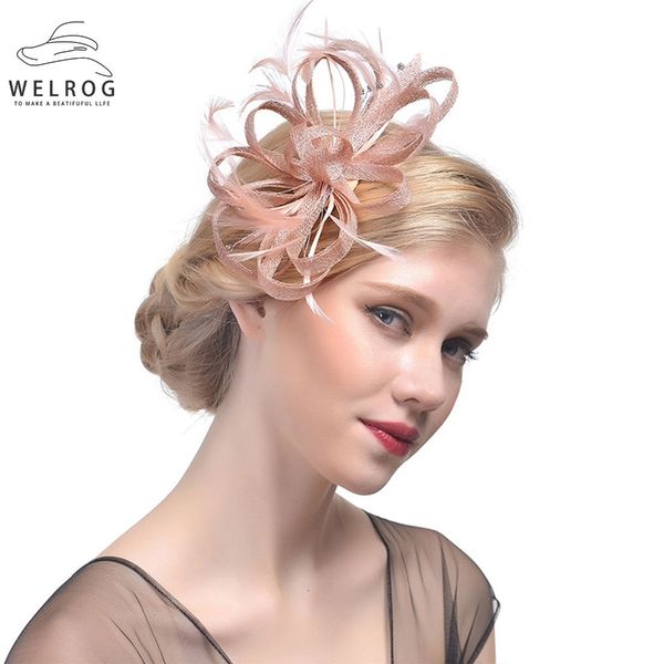 

stingy brim hats welrog fascinator hats women feather ribbon sinamay cocktail hat wedding bride church hat ladies fedora caps headwear party, Blue;gray