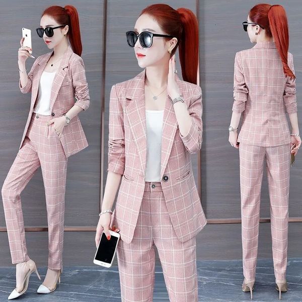 

women's suits blazers pink plaid two piece set women fall fashion korean slim blazer jacket and pant office lady elegant business work, White;black