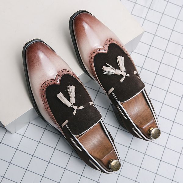 

loafers men shoes brock pointed tassel fashion leather shoes casual wedding party slip-on dress shoes luxury designer shoes, Black;white