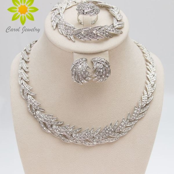 

wedding jewelry sets leaves shape silver plated clear crystal jewelry set fashion wedding bridal african costume jewelry sets 230313, Slivery;golden