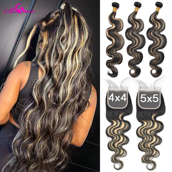 

hair pieces highlight p1b 27 colored human bundles with closure 4x4 5x5 body wave brazilian weave 230314, Black;brown
