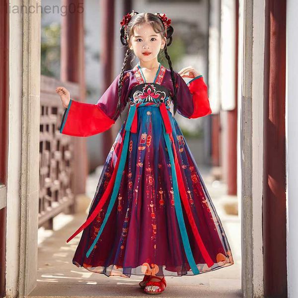 

girl's dresses girl spring autumn hanfu dress tang suit2022 new v-neck long sleeve patchwork embroidery fashion princess children', Red;yellow