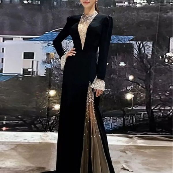 

party dresses black evening 2023 sparkly long sleeves glitter o neckline velour mermaid womens formal prom gowns robes de 230313, White;black