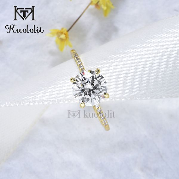 

wedding rings kuololit 2ct1ct ring for women solid 14k 10k yellow gold 80mm round cut dvvs1 solitaire ring for engagement wedding 230313, Slivery;golden