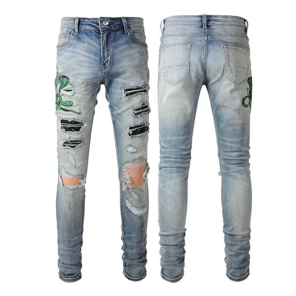 

designer jeans for mens skinny black pants rip denim biker man jeans grey distress pant snake embroider slim fit stretch motorcycle bone hal, Blue