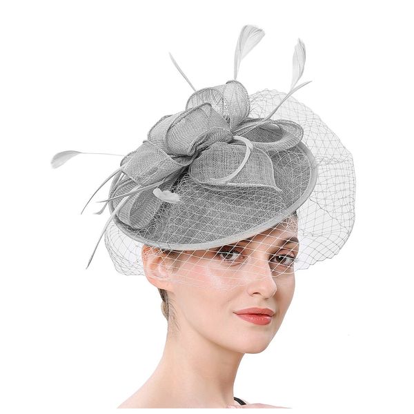 

stingy brim hats wedding church feather hat mesh headpiece women girls mesh fascinators hat cocktail party headband headpiece wedding hat 23, Blue;gray