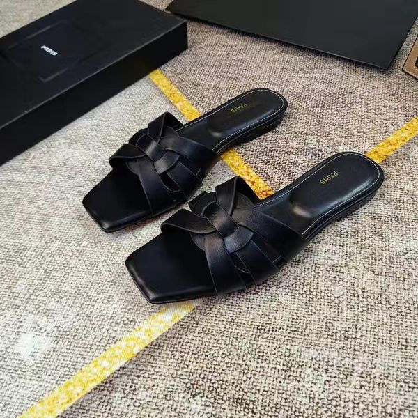 

summer designer women 2023 slippers bears holiday cross knit woven high-heeled fashion flat slipperfreight rubber slides sandal flat beach s, Black