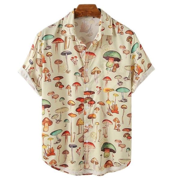

women's t-shirt summer men's hawaiian shirt lapel short sleeve colorful element mushroom pattern 3d printing button trend casual s, White