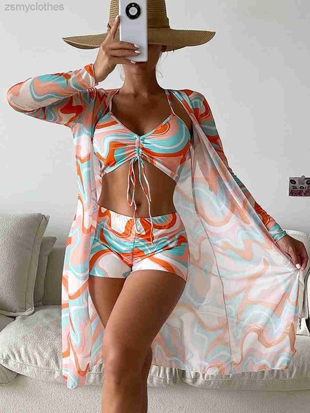 

women's swimwear tropical high waist bikini three pieces women long sleeve cover up swimsuit 2023 summer push up beach bathing suit swi, White;black