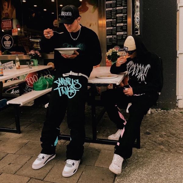 

mens pants europeanstyle retro overalls pocket niche design harajuku style autumn and winter street loose gothic highwaisted sweatpants 2303, Black