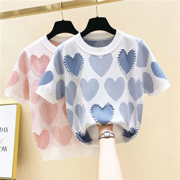 

women's t-shirt summer loose love jacquard beaded short sleeve knitted t-shirts women design all-match pink blue 230314, White