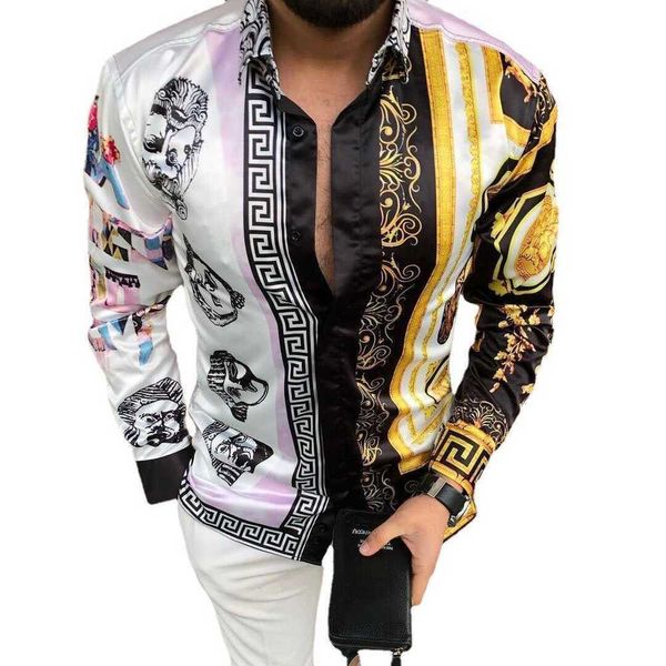 

t-shirts men's 2023 summer new men's cardigan printed long-sleeved slim men's shirt, White;black