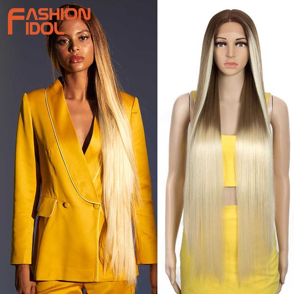 

synthetic wigs 38 inch straight hair synthetic lace front wigs for women high temperature fiber ombre blonde highlight cosplay wig fashion i, Black