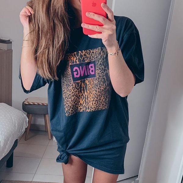 

women's t-shirt leopard graphic washes faded long t-shirt women summer cotton vintage tees femme shirts loose shirt dress tshirt 23031, White