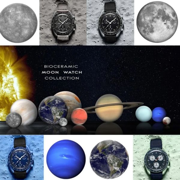 

moonswatch bioceramic planet mercury mens watches full function quarz chronograph watch mission to moon 42mm luxury watch limited edition ma, Slivery;brown