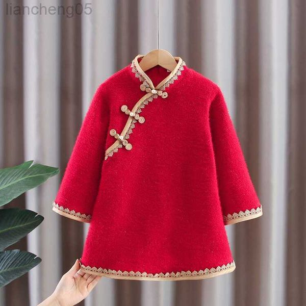 

girl's dresses red cheongsam qipao dress for girls new winter fashion school clothes plus velvet cotton children baby new year clothes, Red;yellow