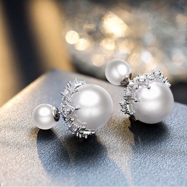 

charm fashion elegant double sides pearl stud earring trendy two ball crystal statement earrings for women wedding party jewelry gift aa2303, Golden
