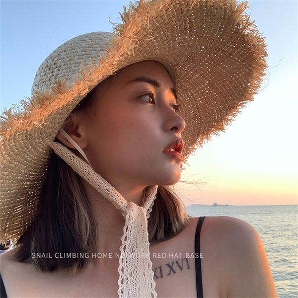 

hand woven straw hat lace strap beach hats women sun protection caps seaside holiday travel caps casquette gift wholesale, Blue;gray