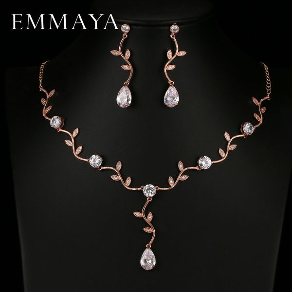 

wedding jewelry sets emmaya rose gold color zircon crystal bridal jewelry sets leaf shape choker necklace earrings wedding ornament for wome, Slivery;golden