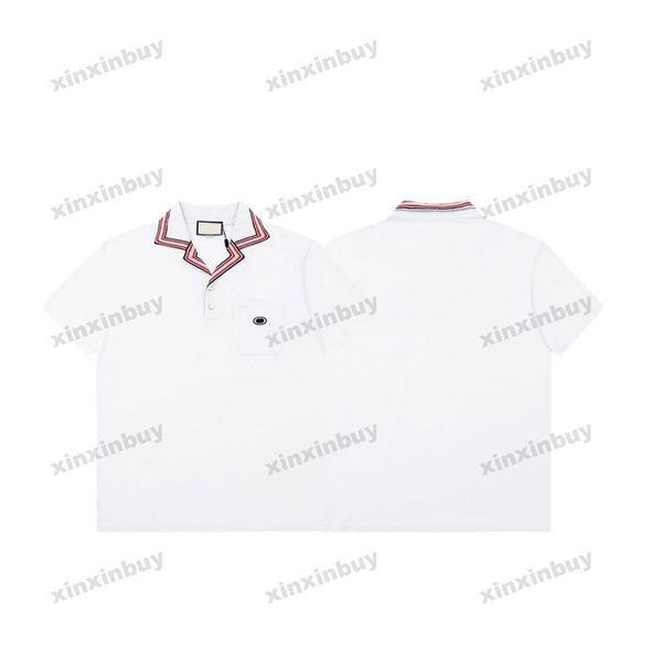 

xinxinbuy men designer tee t shirt 23ss collar ribbon letter embroidery short sleeve cotton women black white red s-2xl, Black;brown
