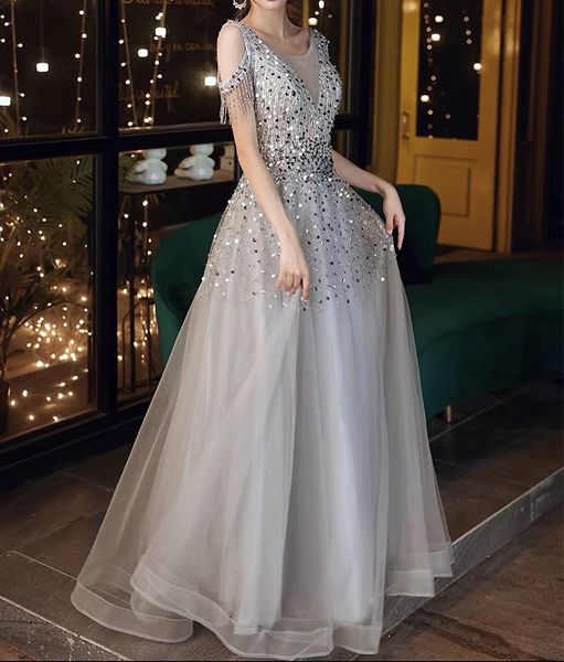 

silver gray prom dresses sequined tulle elegant o-neck sleeves tassels a-line formal banquet evening gowns with beads 2023 new, Black