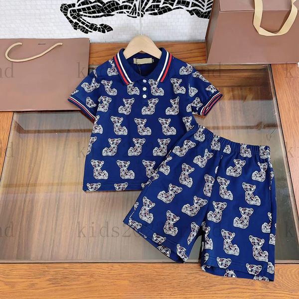 

brand designer boys polo t shirts sets blue polo with shorts classic design high end children t-shirts with brown short pants two pieces set, White