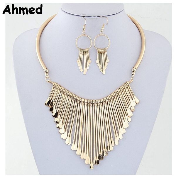 

wedding jewelry sets ahmed jewelry geometry fashion metal tassel jewelry set necklace earring for woman boho maxi statement collar necklace, Slivery;golden
