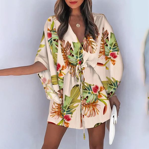 

casual dresses fashion batwing sleeve print lace up mini dress for women vneck loose boho holiday short woman summer 230313, Black;gray