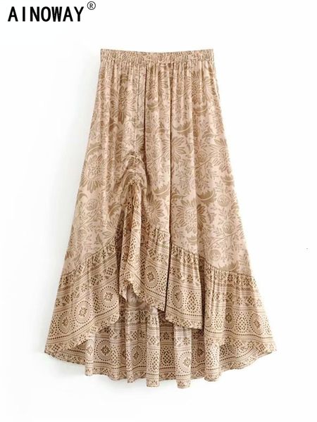 

skirts elegant women desert floral printed tassel elastic waist bohemian maxi ladies rayon cotton asymmetrical happie boho skirt 230314, Black