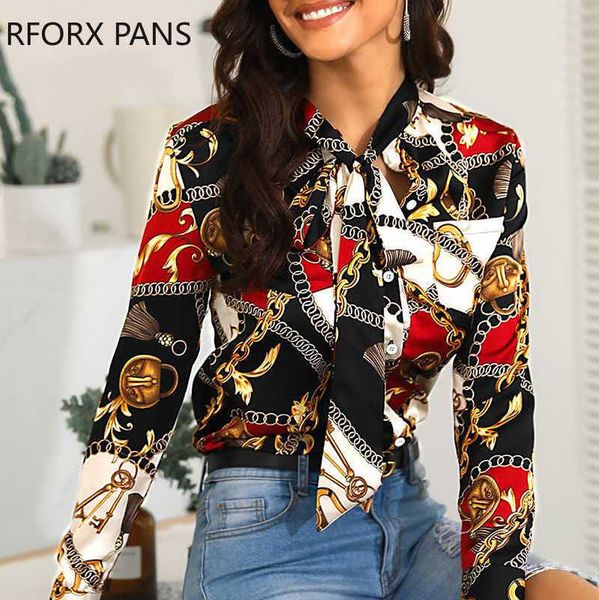 

womens shirt tied neck chain print casual shirt long sleeve blouse asian size s-2xl, White