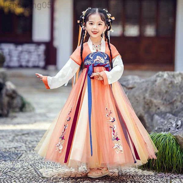 

girl's dresses girls hanfu chinese style dresses 2022 new children's tang suit long sleeve v-neck patchwork embroidery belt for sp, Red;yellow
