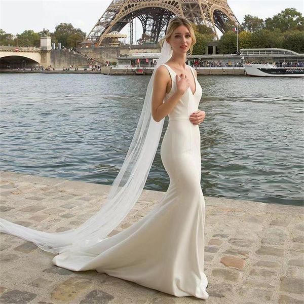 

mermaid wedding dress double deep v nude back slim bridal dress fn10569, White