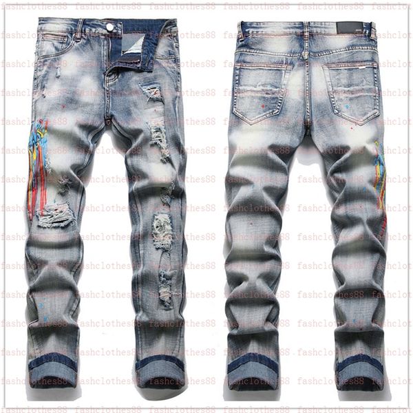 

men's jeans designer european jean hombre letter star men embroidery patchwork ripped for trend brand motorcycle pant mens skinny 3scyp, Blue
