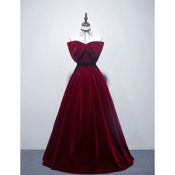 

burgundy velvet prom dresses strapless a-line lace up back sleeveless bow floor-length elegant evening celebrity gowns plus size, Black