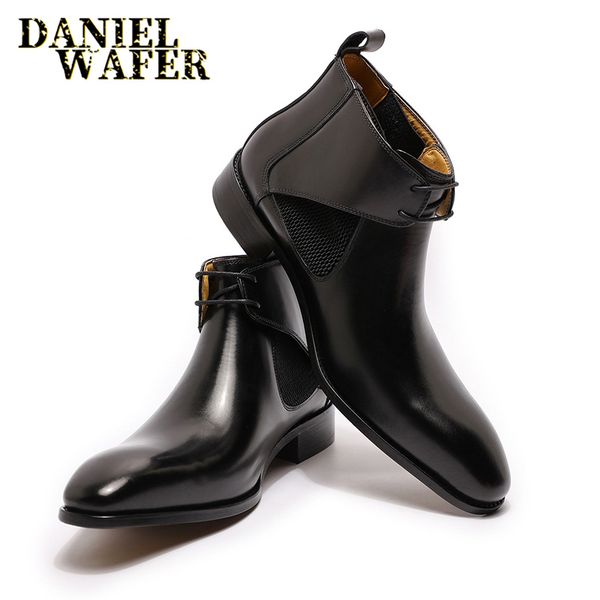 

luxury brand men's chelsea boots black brown pointed toe handmade genuine leather lace up wedding office business boots for men, Black;white