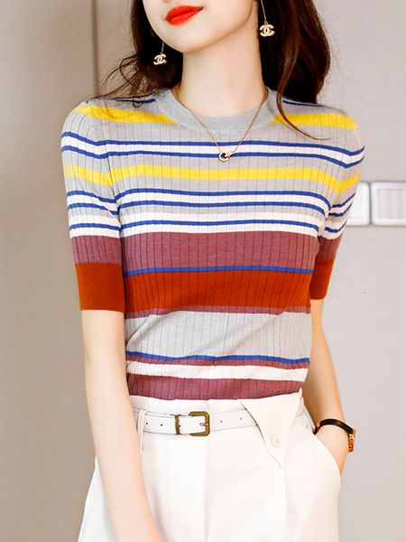 

women's t-shirt women clothes t-shirt striped knit summer thin short sleeve round neck tee shirt femme korean fashion t shirts female, White
