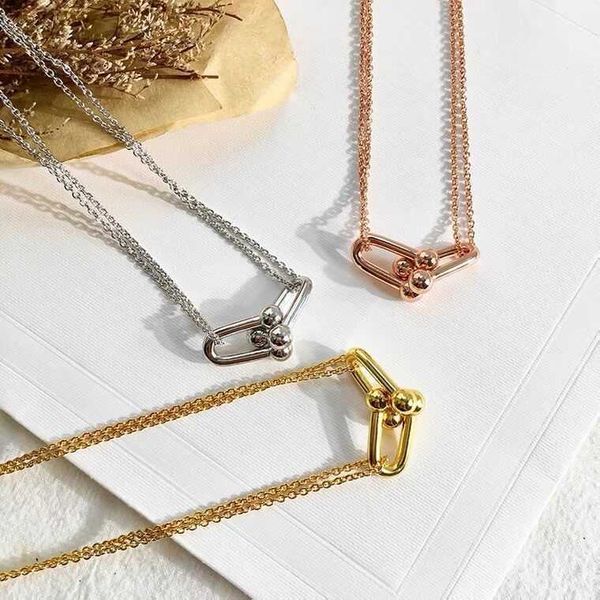

original tiffay double ring necklace 925 sterling silver plated 18k gold ti steel non diamond horseshoe buckle pendant collar chain, Golden;silver